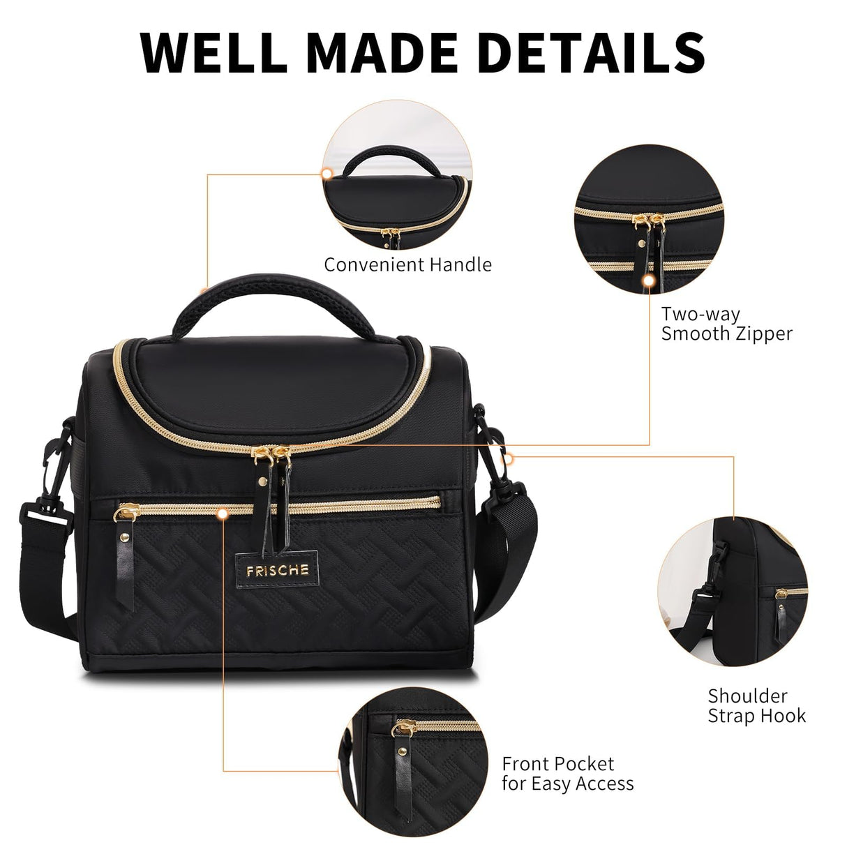Tanja Insulated Lunch Bag, Adjustable Strap Cooler Tote, 8L, Black