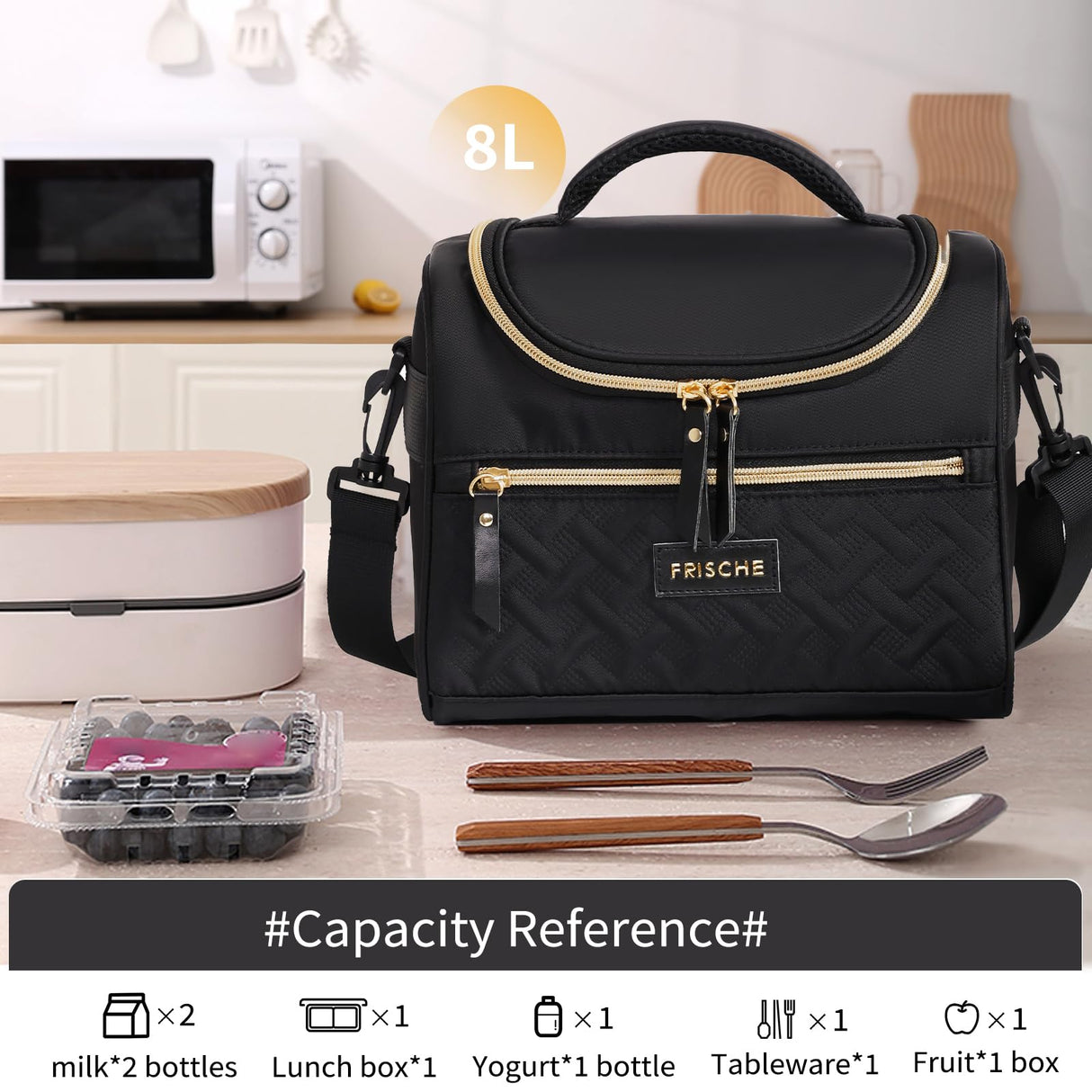 Tanja Insulated Lunch Bag, Adjustable Strap Cooler Tote, 8L, Black