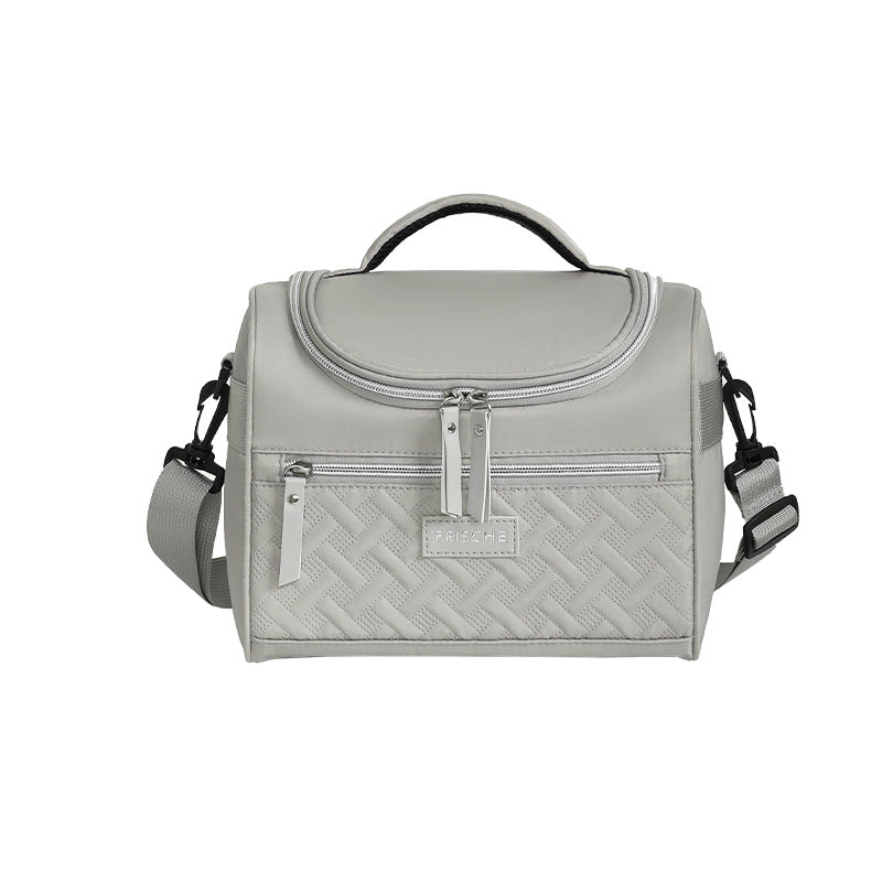 Grey insulated lunch bag with adjustable shoulder strap