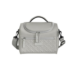 Grey insulated lunch bag with adjustable shoulder strap