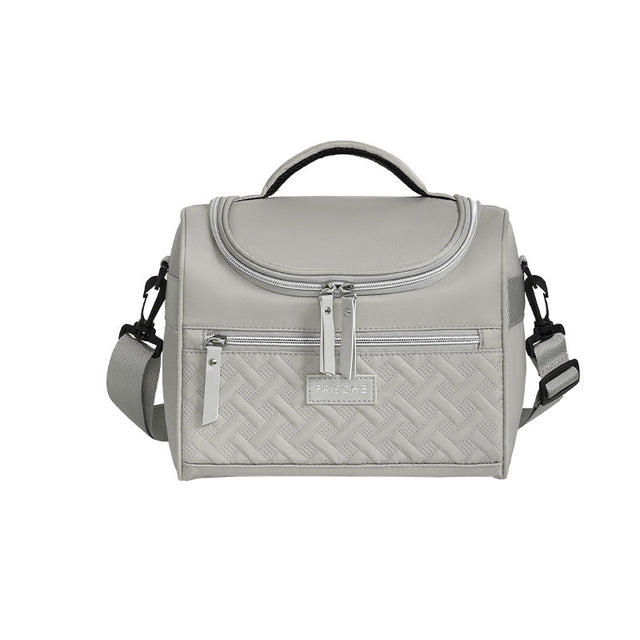 Grey insulated lunch bag with adjustable shoulder strap
