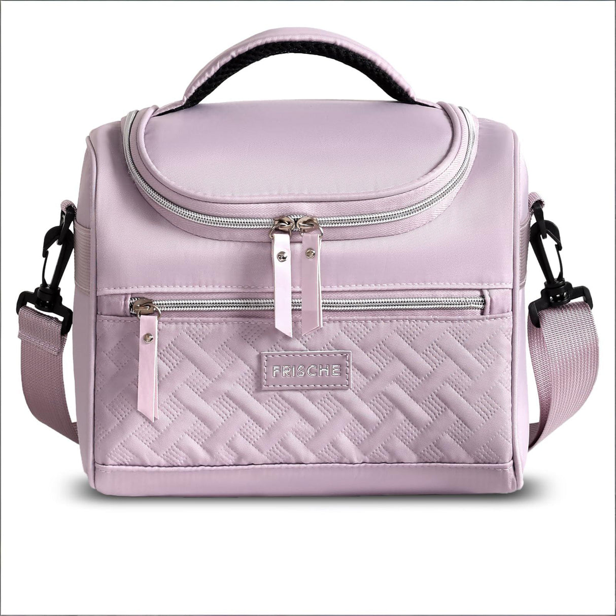 Purple insulated lunch bag with adjustable shoulder strap