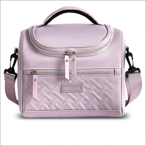 Purple insulated lunch bag with adjustable shoulder strap