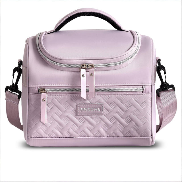 Purple insulated lunch bag with adjustable shoulder strap