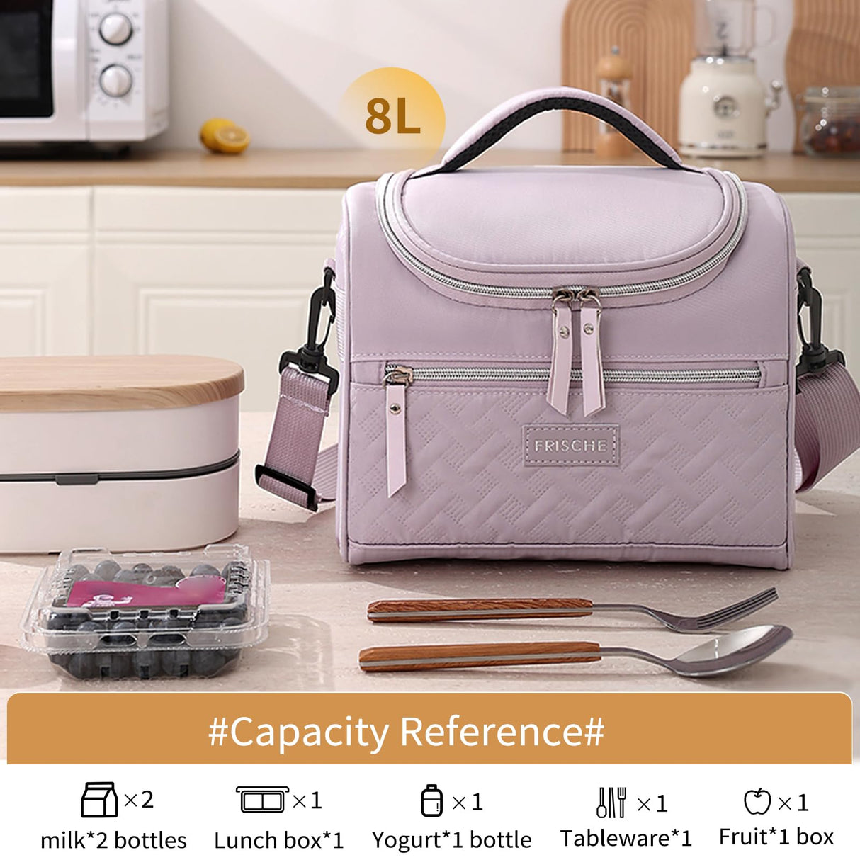 Tanja Insulated Lunch Bag, Adjustable Strap Cooler Tote, 8L, Purple