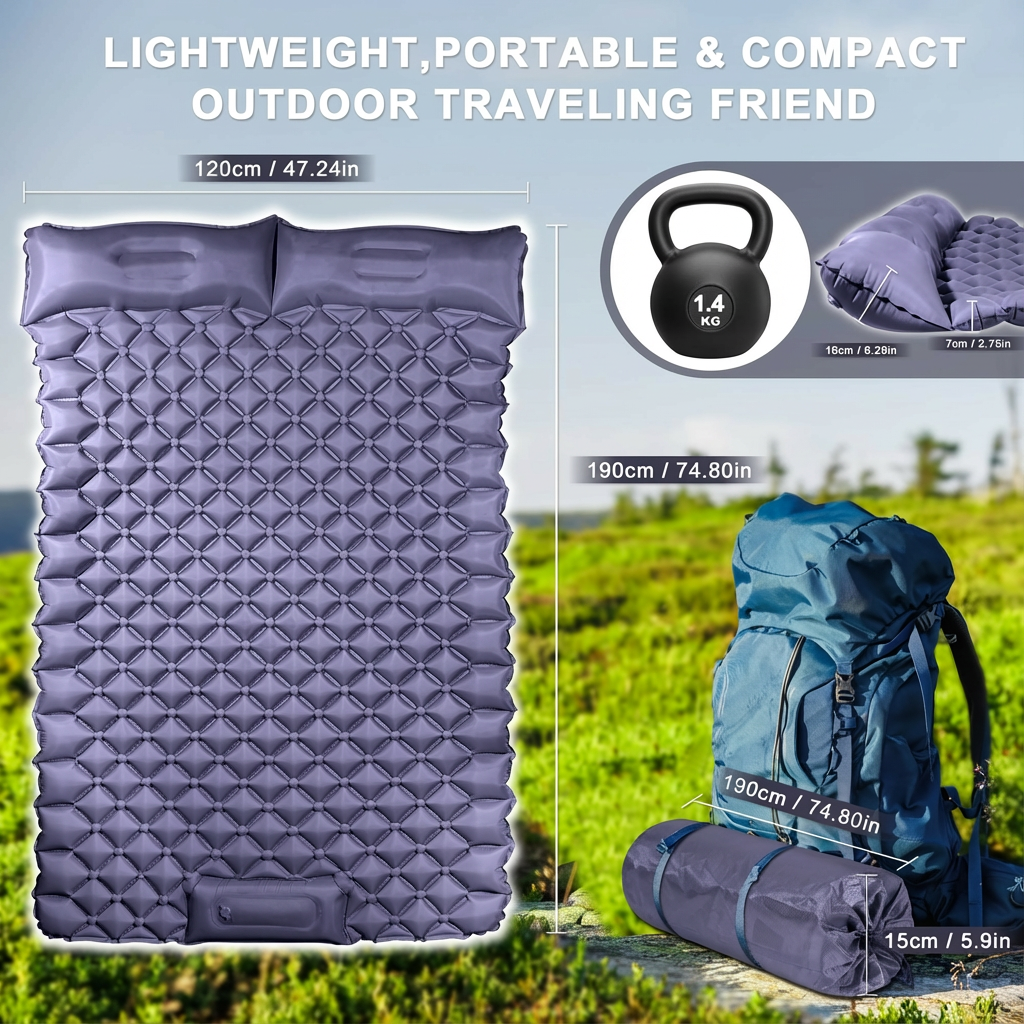 Moraine Camping Mattress, Double, Built In Pillow and Foot Pump, Dark Blue