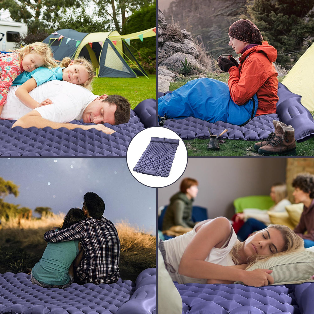 Moraine Camping Mattress, Double, Built In Pillow and Foot Pump, Dark Blue