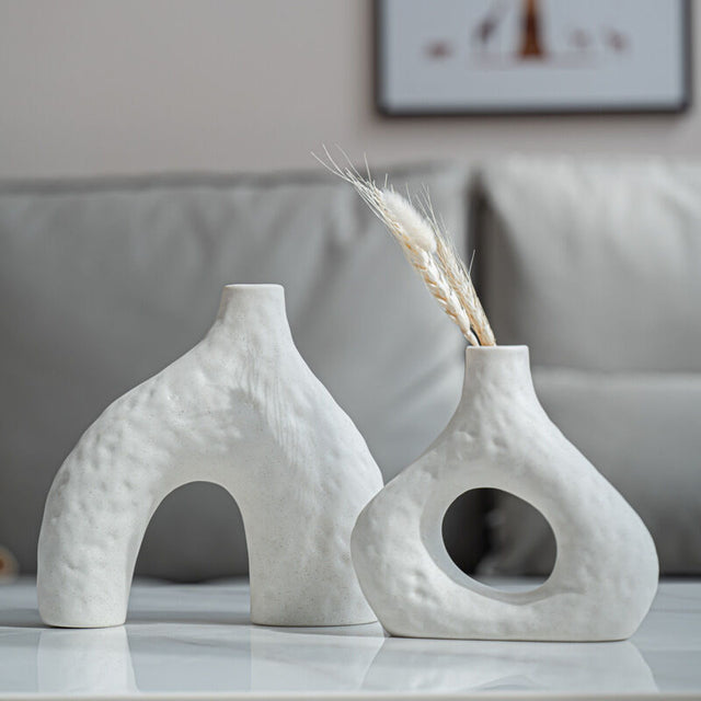 Two piece matte white speckled ceramic vase set, arched and round mouth