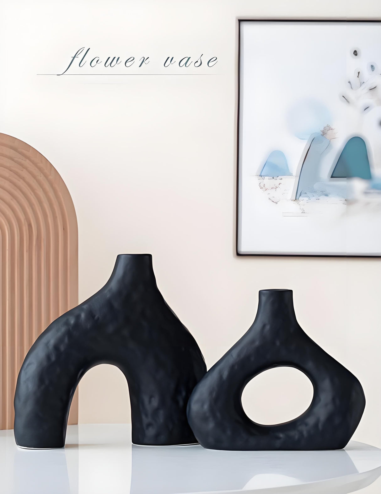Two piece matte black speckled ceramic vase set, arched and round mouth