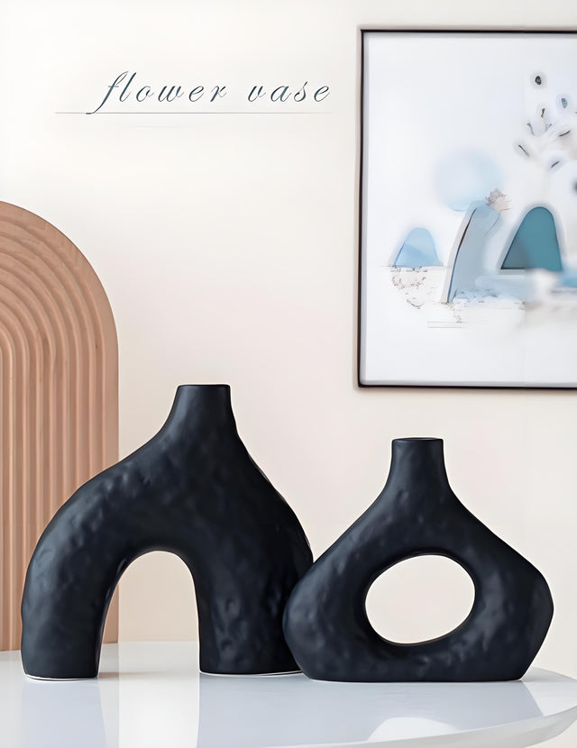 Two piece matte black speckled ceramic vase set, arched and round mouth