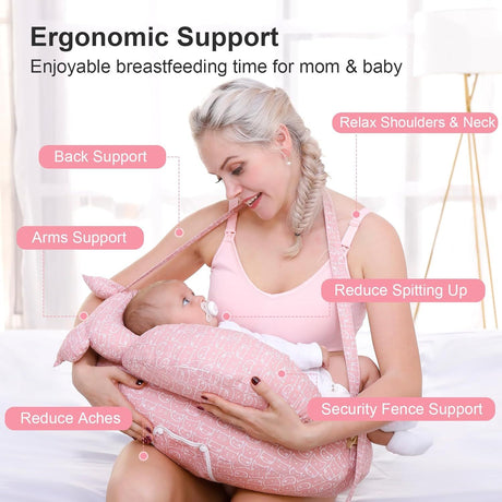 Pink multipurpose nursing pillow with adjustable waist strap