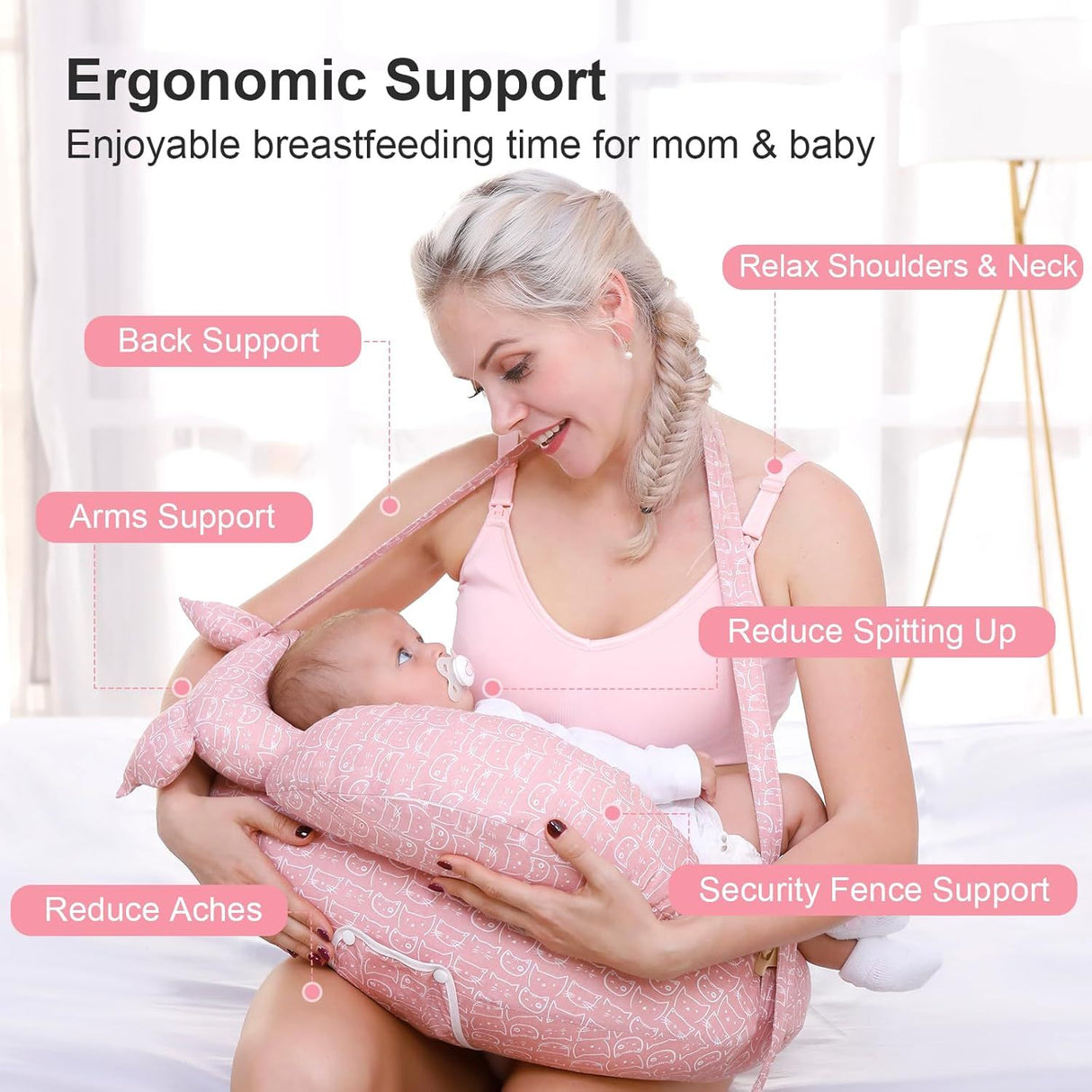 Grey multipurpose nursing pillow with adjustable waist strap