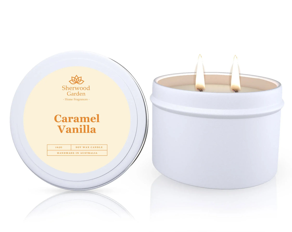 Caramel Vanilla soy candle in a tin