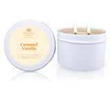 Caramel Vanilla soy candle in a tin