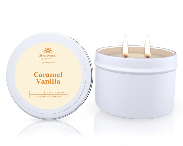 Caramel Vanilla soy candle in a tin