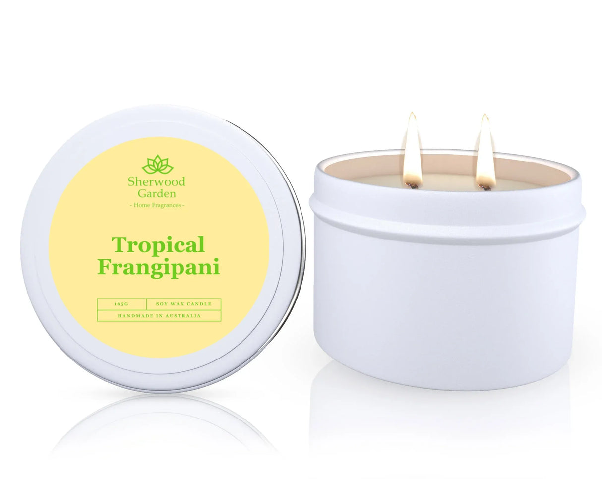 Tropical Frangipani soy candle in a tin