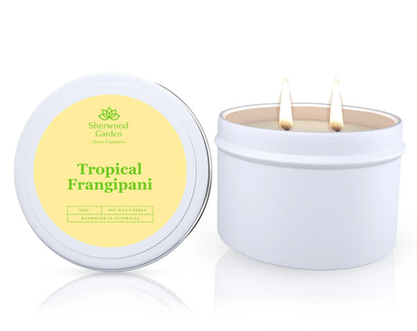 Tropical Frangipani soy candle in a tin