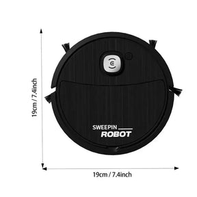 Compact black robot vacuum with side brushes and mop pad