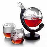 Sirmione Whiskey Decanter Set, Globe, with 2 Glasses and Wooden Stand