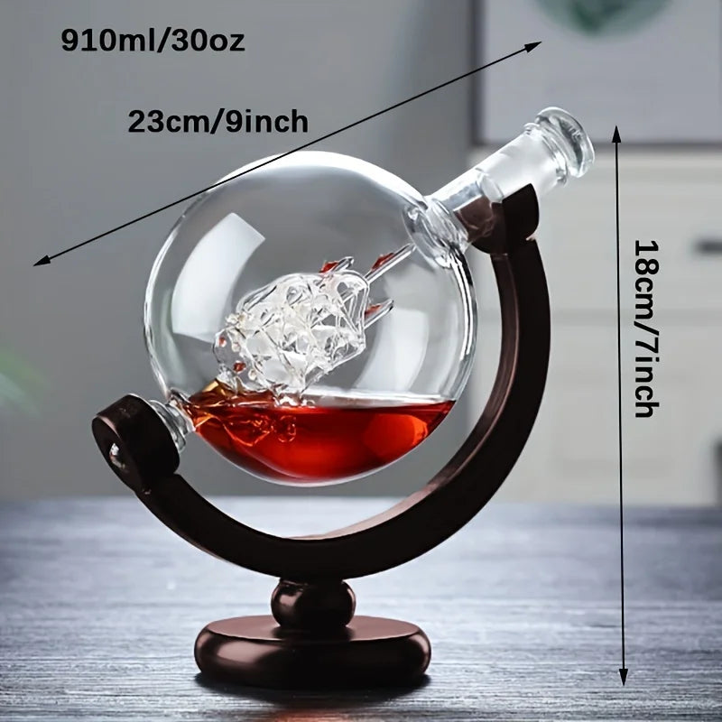 Sirmione Whiskey Decanter Set, Globe, with 2 Glasses and Wooden Stand
