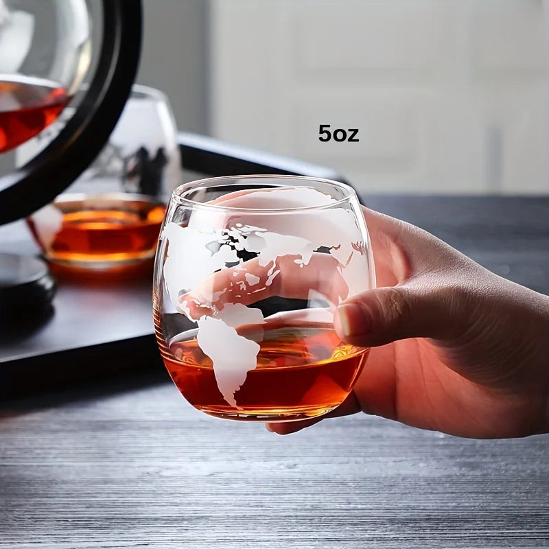Sirmione Whiskey Decanter Set, Globe, with 2 Glasses and Wooden Stand