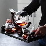 Sirmione Whiskey Decanter Set, Globe, with 2 Glasses and Wooden Stand