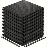Black interlocking EVA foam fitness floor tiles joined together