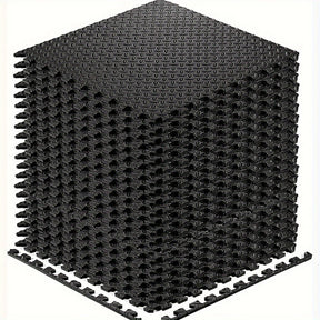 Black interlocking EVA foam fitness floor tiles joined together