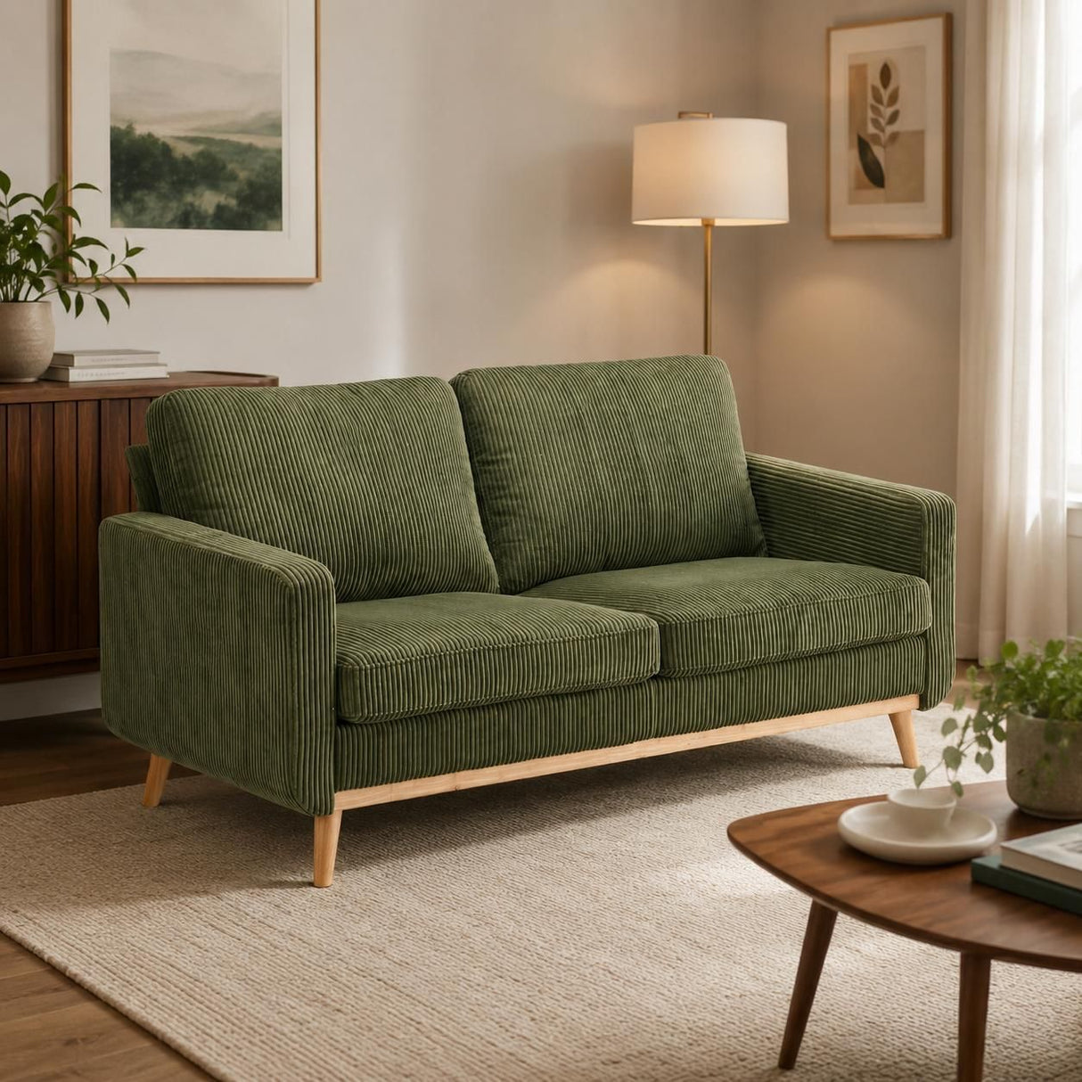 Roses Moss fabric sofa in a modern living room