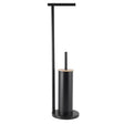 Black freestanding 2 in 1 toilet roll holder and toilet brush stand with bamboo lid