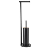 Black freestanding 2 in 1 toilet roll holder and toilet brush stand with bamboo lid