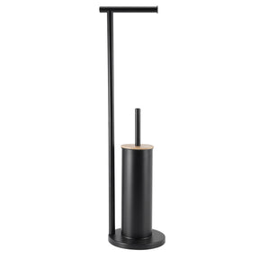 Black freestanding 2 in 1 toilet roll holder and toilet brush stand with bamboo lid