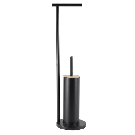 Black freestanding 2 in 1 toilet roll holder and toilet brush stand with bamboo lid