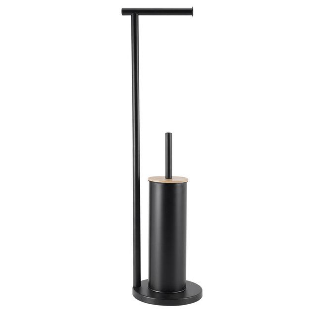 Black freestanding 2 in 1 toilet roll holder and toilet brush stand with bamboo lid