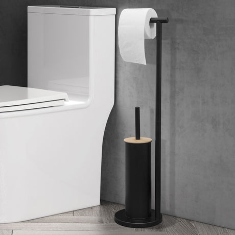 Bamboo lid on the covered toilet brush holder of the black freestanding bathroom stand