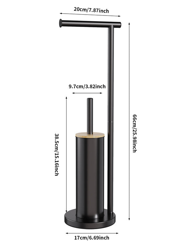 Upright black iron rack holding spare toilet rolls beside the brush holder