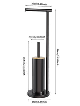 Upright black iron rack holding spare toilet rolls beside the brush holder