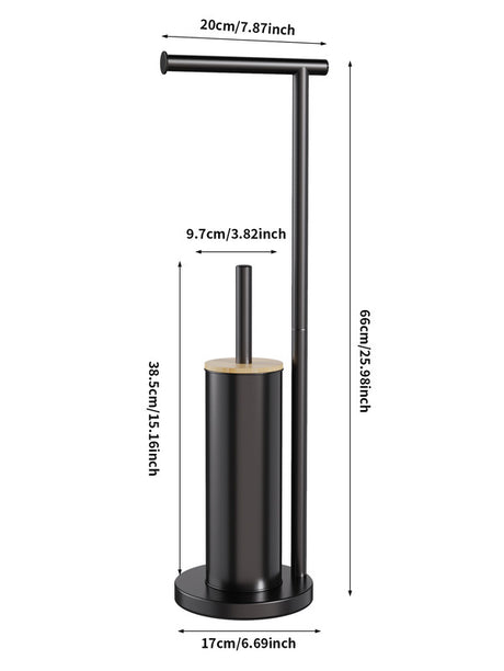 Upright black iron rack holding spare toilet rolls beside the brush holder
