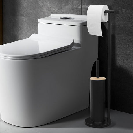 Dimension view of the black bamboo lid toilet brush and roll holder, 20 x 17 x 66 cm