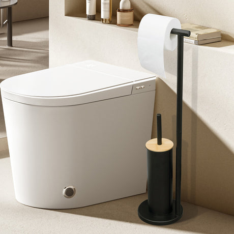 Bamboo and black iron toilet brush holder styled in a modern bathroom