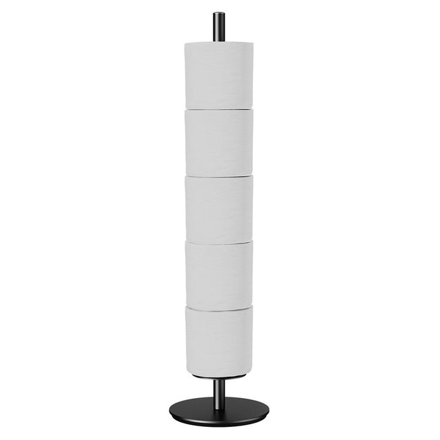 Freestanding matte black toilet paper holder with single pole and round base