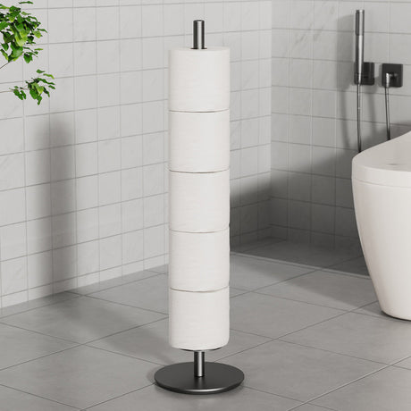 Matte black toilet roll holder styled in a modern bathroom corner