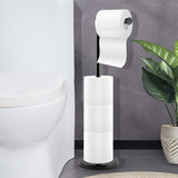 Black toilet roll stand beside a toilet holding a roll on the upper tier