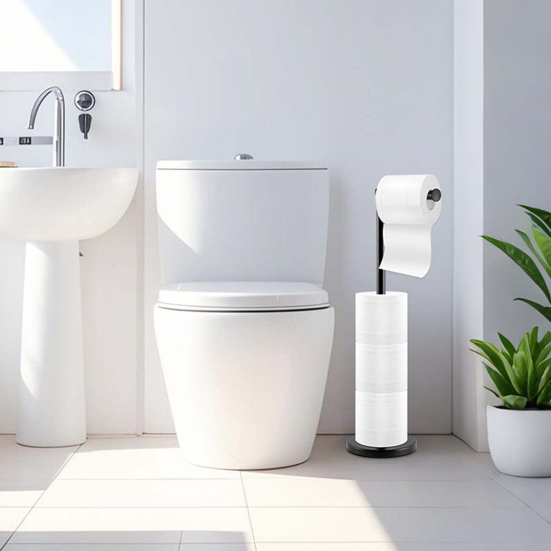 Weighted base of the matte black freestanding toilet roll stand