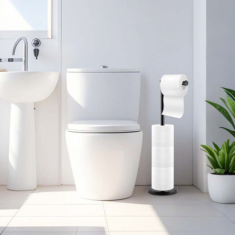 Weighted base of the matte black freestanding toilet roll stand