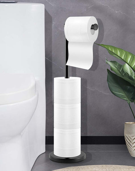 Matte black toilet paper stand shown with dimensions of 22 by 17 by 55 cm