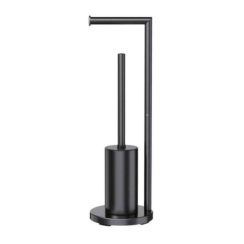 Black freestanding 2 in 1 toilet roll holder and toilet brush stand beside a toilet