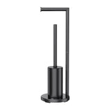 Black freestanding 2 in 1 toilet roll holder and toilet brush stand beside a toilet