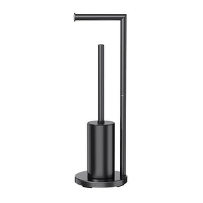 Black freestanding 2 in 1 toilet roll holder and toilet brush stand beside a toilet