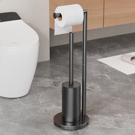 Upright black metal rack holding spare toilet rolls with the brush holder on the side